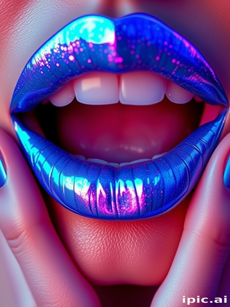 Electric blue holographic lips, titled "Cosmic Frost," showcase a mesmerizing color-shifting effect and a bold, avant-garde appearance