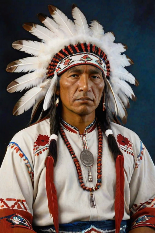 Create a dignified portrait of a Native American man dressed in traditional attire. He wears a beautifully crafted headdress adorned with white feathers and red beads, along with a beaded headband featuring intricate patterns. His clothing includes a deep blue, patterned shirt and a traditional chest piece with detailed beadwork. His arms are crossed, displaying leather armbands decorated with feathers. The background is simple and neutral, emphasizing his proud and stoic expression. The overall image captures the rich cultural heritage and strength of his persona.
