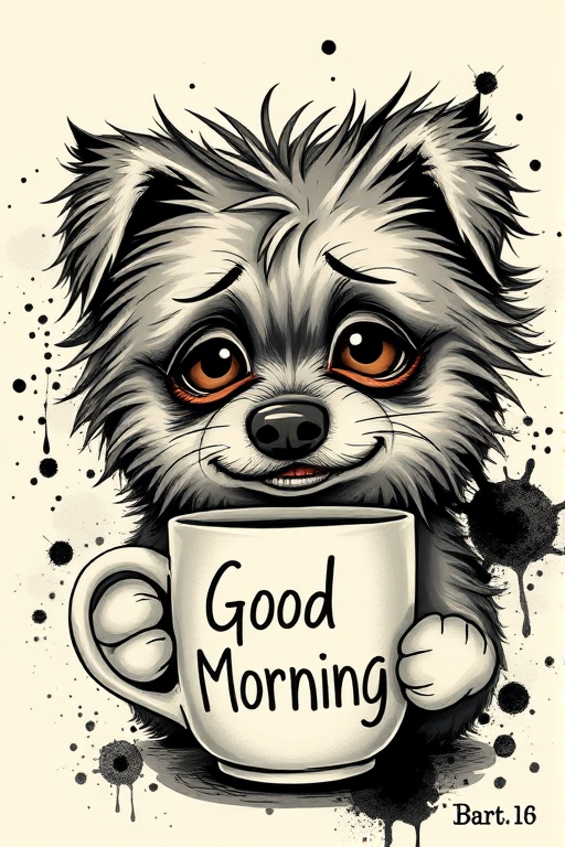 A quirky, artistic illustration of a disheveled aussiepom dog breed with exaggerated, large eyes and spiky fur, holding a coffee mug that reads "Good Morning". The dog has a tired but humorous expression, with ink splatters and abstract details surrounding it, giving a whimsical feel to the image. The color palette is mostly monochrome with hints of black in the eyes and steam rising from the mug, enhancing the overall sleepy vibe