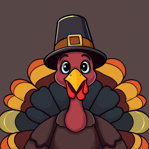 Create an illustration of a cartoon turkey wearing a pilgrim hat, vibrant colors, 300 DPI, close-up view, digital art style, high-resolution for print.