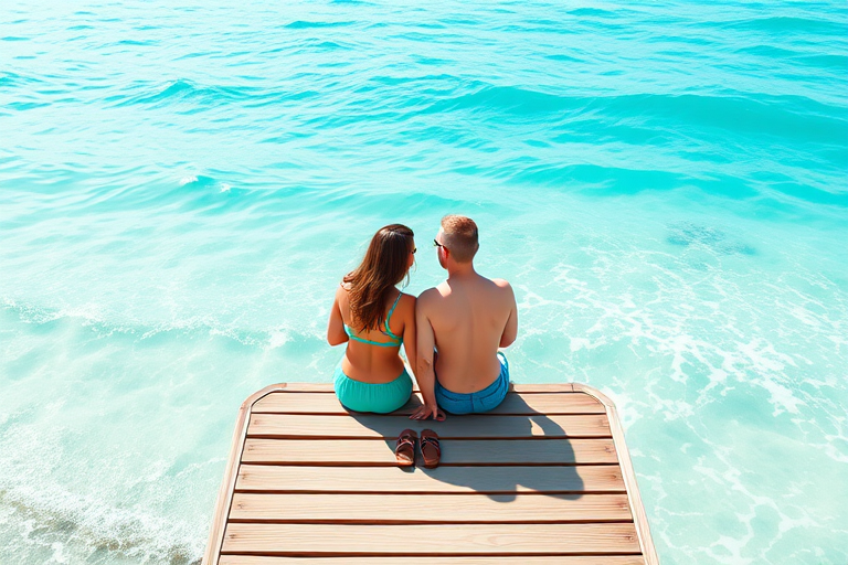 create an illustration of a couple sitting on a wooden dock overlooking a turquoise sea with gentle waves, include two pairs of sandals on the dock, use vibrant colors, take with a DSLR camera, aperture f/2.8, shutter speed 1/250s, focal length 35mm, soft focus background for a dreamy effect