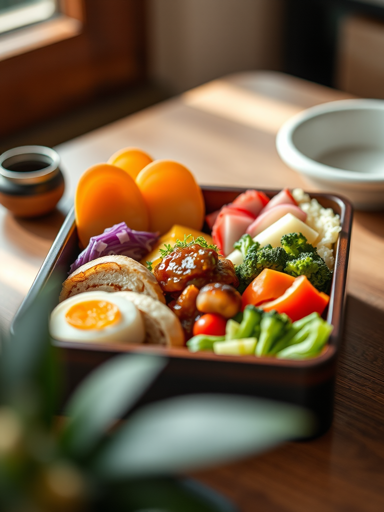 capture a beautifully arranged traditional Japanese bento box filled with colorful ingredients, shallow depth of field, natural lighting, 50mm lens, f/2.8 aperture, Nikon D750