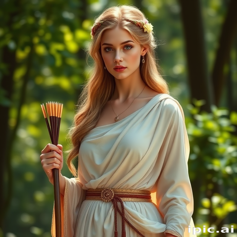 Create a portrait of a goddess-like female figure in a tranquil, forested environment. She has an elegant appearance with long, wavy hair styled in an updo and adorned with a delicate, floral headband. She wears a flowing, ancient Greek-inspired gown in a soft, pale color, featuring a one-shoulder design and draped fabric that accentuates her graceful form. The outfit includes a decorative belt with ornate gold detailing, and she holds a bow in her hand, with a quiver of arrows slung over her shoulder. The background depicts lush greenery, with sunlight filtering through the trees, casting a gentle, ethereal light on the scene. Her expression is calm and contemplative, embodying a sense of wisdom and serenity.