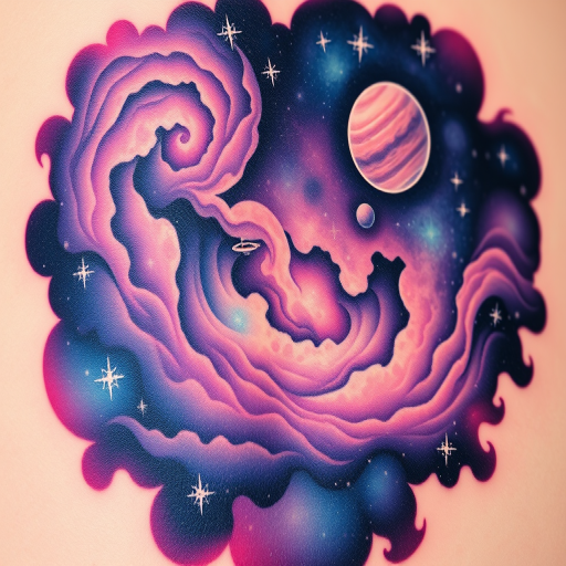 Cosmic tattoo "Galactic Odyssey" depicting a breathtaking space scene with swirling nebulae, distant planets, and shimmering stars in a rich palette of purples, blues, and iridescent accents