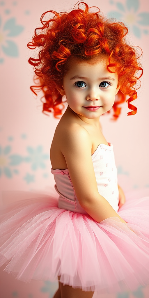 create an image of a whimsical girl with vibrant red curly hair wearing a ballerina tutu, set against a soft pastel background, using a 50mm lens, aperture f/1.8, ISO 100, 1/200 shutter speed, shot in natural light with a focus on a shallow depth of field to enhance the dreamy quality