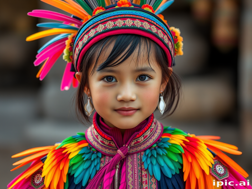 A beautiful Miao girl, wearing colorful bird clothing with vibrant colors