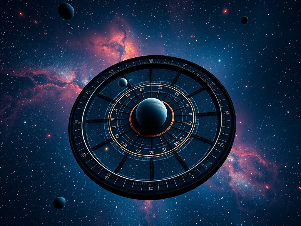 A cosmic celestial wheel with planets and stars, vibrant nebula background, 50mm lens, f/8 aperture, ISO 100, shot from a low angle perspective with a digital SLR camera.