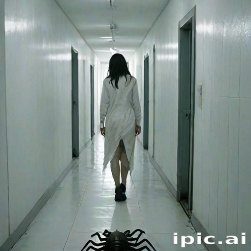 a crooked woman with long arms and a creepy smile is crawling along a long white corridor and you can also see cockroaches in it there is a creepy atmosphere creepy art style