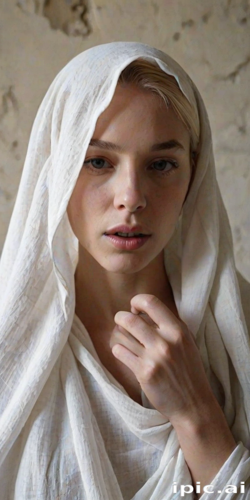 Create a close-up photographic image of the head and torso of a person with light skin tones shown against an old, worn wall. Their head is wrapped in a white cloth covering (i.e.... parts of the head except the nose and mouth, which are open as if they are screaming...), with a slight texture and visible folds in the fabric. Thin strands of blonde hair escape from the wrapping above, falling lightly at the top and sides. Their hands hold the fabric as if they are tugging nervously. The lighting is dramatic and even, casting strong shadows. The image has a minimalist and surreal style with an emphasis on simplicity with soft color tones. The composition is centered.