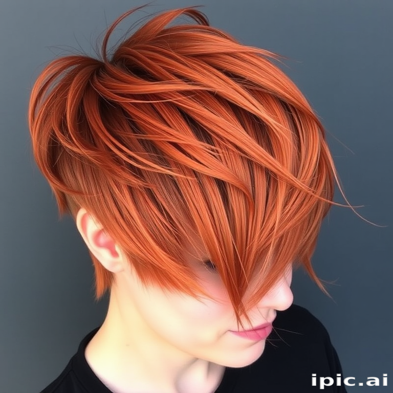 Fiery copper pixie-mullet hybrid, styled by "Rebel Roots" hair artisans, combining a short, choppy fringe with longer layers at the nape, featuring bold tangerine highlights and subtle lowlights in deep mahogany, creating a dynamic, edgy look that exudes confidence and creativity.