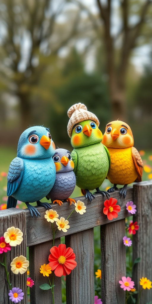 create a scene of 4 quirky  whimsical colourful comical birds each with a funny expression. they are sat on a wooden fence with colourful flowers. they are all different sizes. each one is a different colour  one is wearing a woolly hat. Each one has a different quirky google expression and there is a muted background of trees watercolour paintierly style high definition 8k resolution 3D paper mache