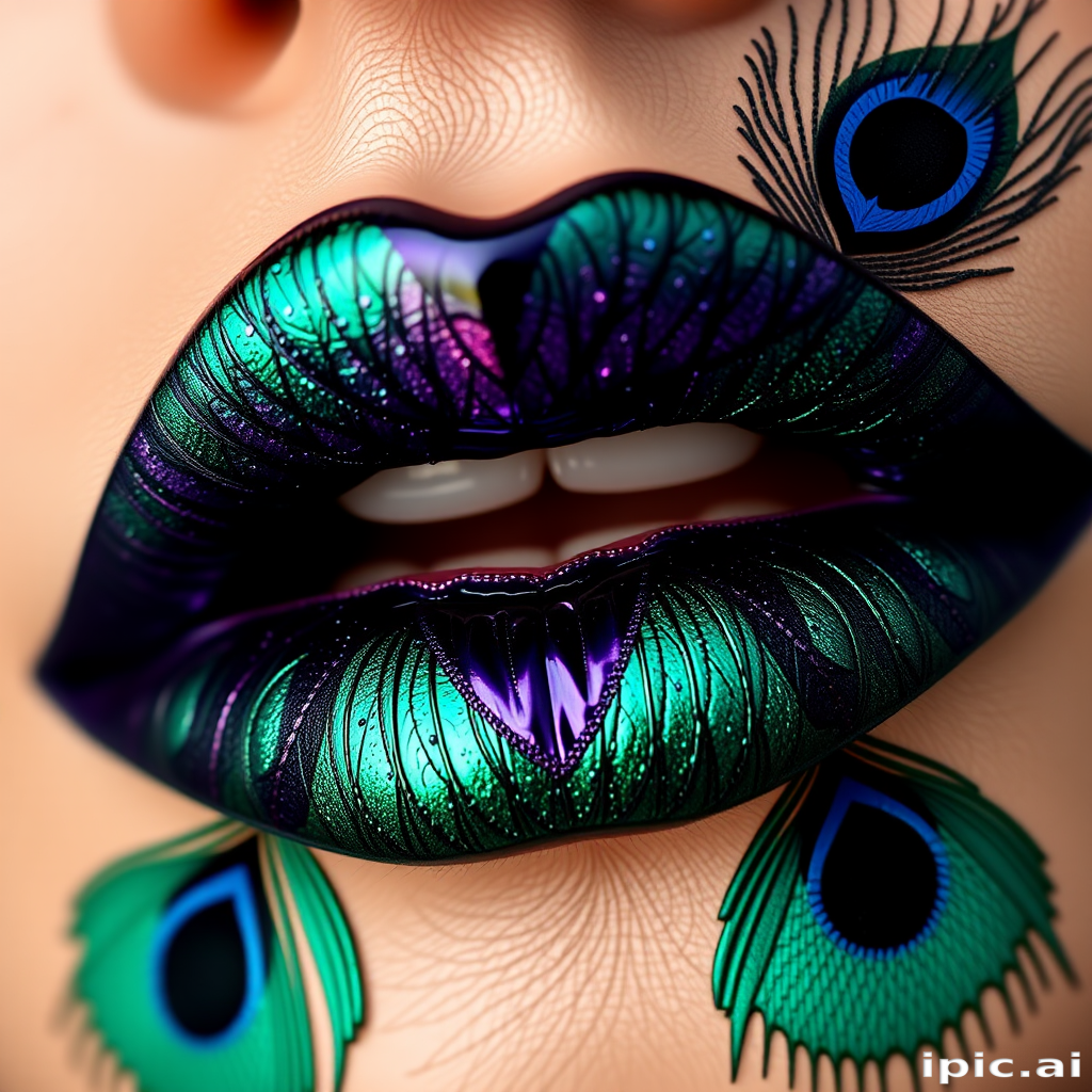 Exotic peacock-inspired lips showcasing rich jewel tones of emerald, sapphire, and amethyst with a metallic sheen and intricate feather-like patterns