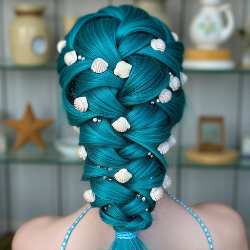 Mystical teal mermaid braid dubbed "Siren's Song" incorporates an intricate five-strand plait adorned with tiny seashells and shimmering aquamarine highlights