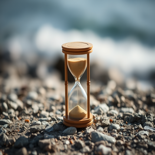 hourglass on a rocky surface with a blurred background, shallow depth of field, aperture f/2.8, ISO 100, shutter speed 1/200s, DSLR camera, 50mm lens, natural lighting