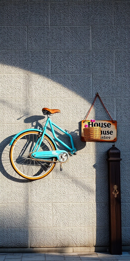 Capture a vibrant scene of a turquoise bicycle hanging against a textured gray wall, with a small basket of flowers, illuminated by soft natural light, using a DSLR camera, 50mm lens at f/2.8, ISO 100, with a slight vignette effect to enhance focus on the bicycle and the decorative house sign nearby.
