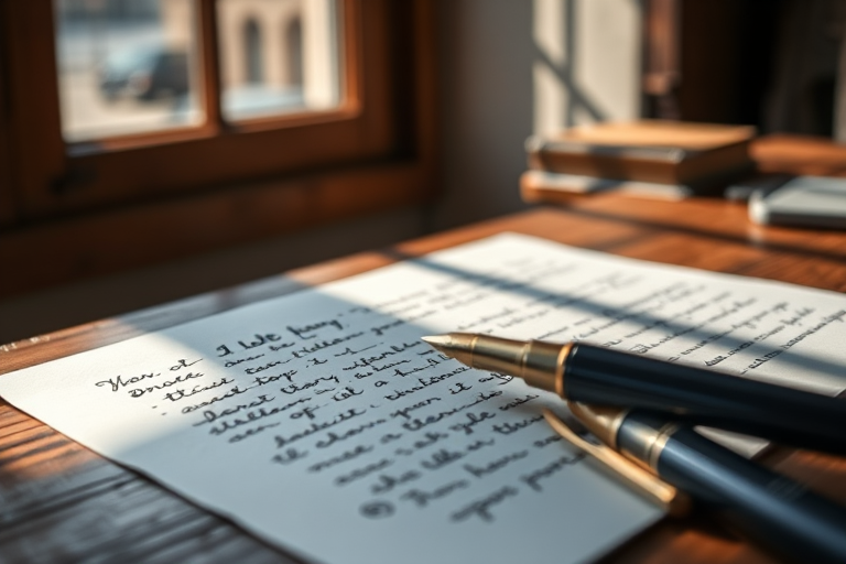 Close-up of a handwritten letter on a wooden desk, with soft sunlight streaming through a nearby window, casting delicate shadows across the paper and an old-fashioned pen resting beside it.