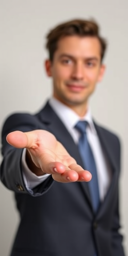 Create an image of a person in a suit extending an open hand with a neutral background.