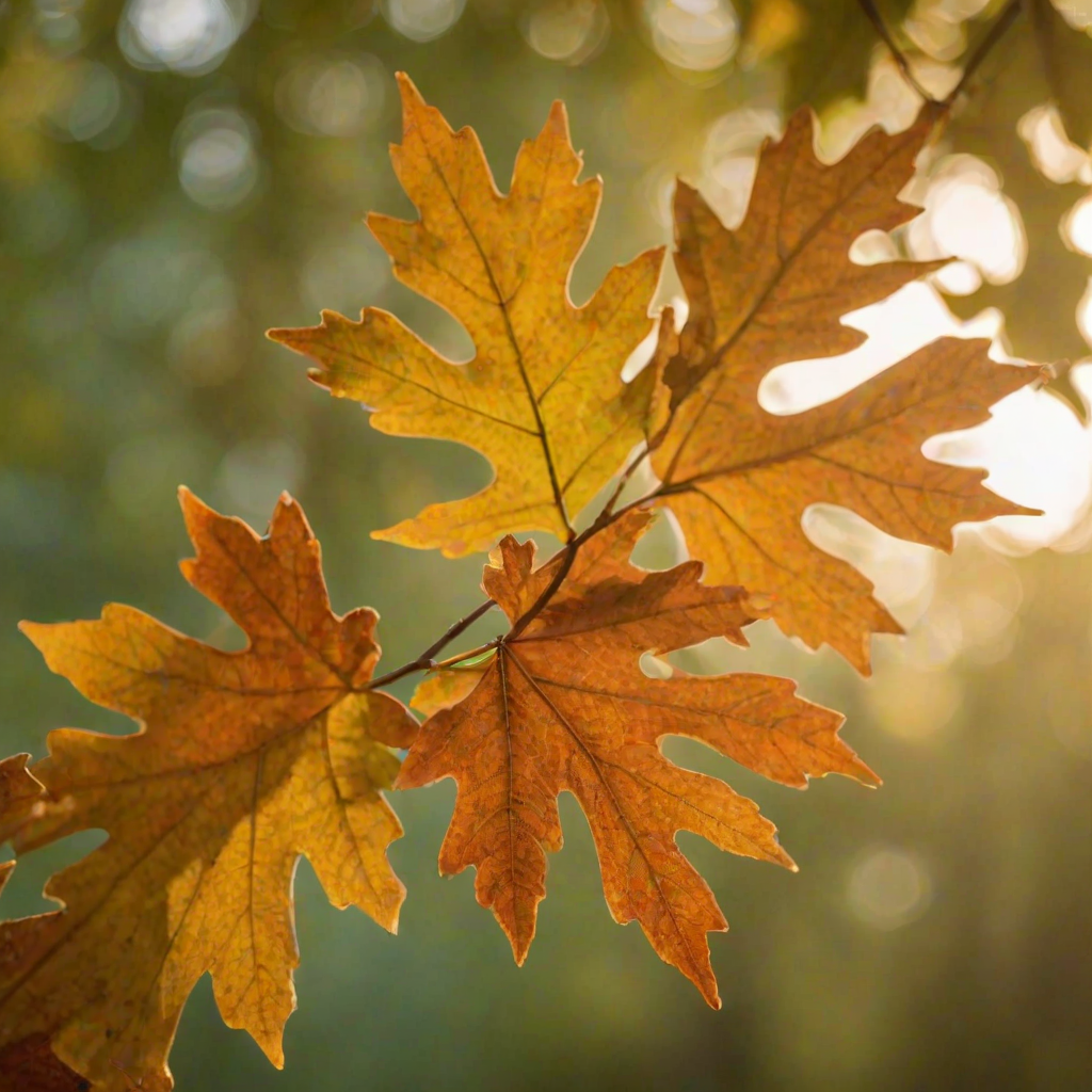 close-up of autumn oak leaves with warm orange and brown hues against a blurred background of soft green and yellow light