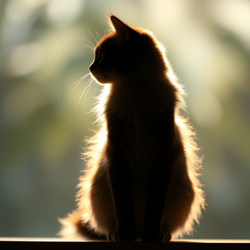 Create a highly detailed silhouette of a fluffy cat standing upright, captured with a DSLR camera at f/2.8, ISO 100, 50mm lens, with a soft-focus background for depth, high dynamic range, and natural lighting.