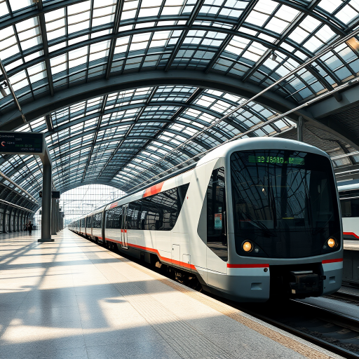 high-resolution image of a modern train at a sleek, contemporary train station with an intricate glass ceiling, shot with a Canon EOS R5, f/8 aperture, ISO 100, 24mm focal length, wide-angle perspective, natural lighting for enhanced contrast and detail