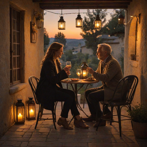 Warm, softly lit image of a couple sipping wine on a rustic patio at sunset, soft glow from lanterns casting warm shadows, the smell of fresh bread and olive oil in the air, and the feeling of romance.