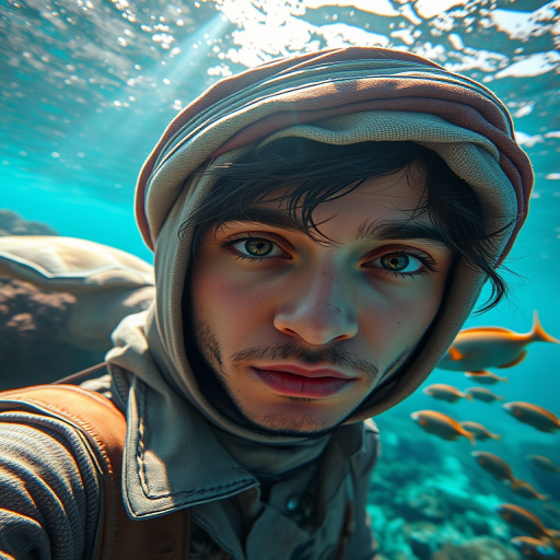 Realistic selfie image of a Middle Eastern, wearing a vintage outfit, detailed dreamy eyes, droopy hooded eyes, staring at the camera, taken underwater at coral reef with a sunbeam filtering through the water, vibrant, summer vacation, natural lighting, turtle and school of tropical fish with vibrant colors, rendered in the style of CryEngine, Pegi Nicol MacLeod, with realistic genre scenes, hauntingly beautiful narratives, ultra-realism, and Thomas Saliot's close-up technique, 8K resolution, crystal clear and sparkling water.