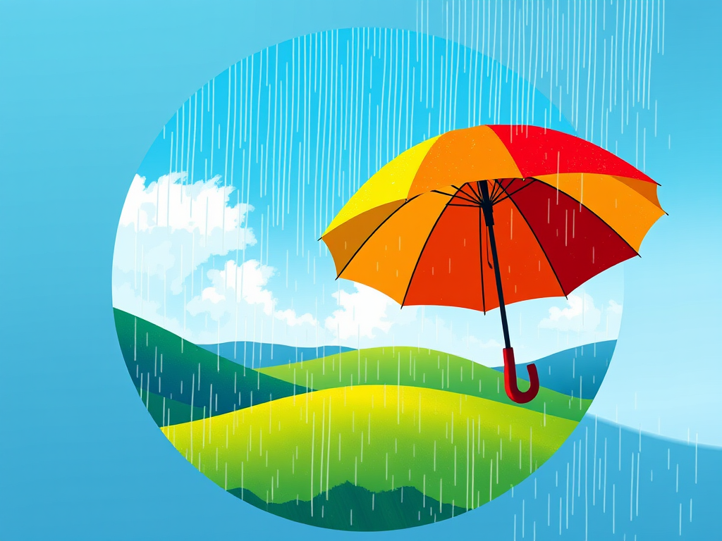 Create a vibrant illustration of a red and yellow umbrella in a circular frame, raindrops falling around it, with green hills and a blue sky in the background, using a Canon EOS R5 with a 50mm lens, aperture f/1.8, shutter speed 1/200s, ISO 100, in a digital art style.