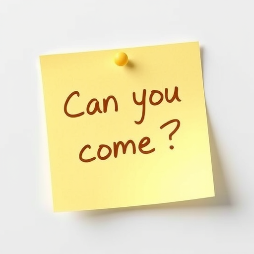 Yellow post-it note, hand written in brown pen text "Can you come??", 3d, hd, hyper realistic,