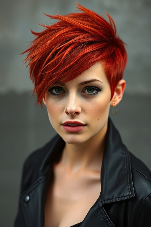 Vibrant red-haired beauty showcasing a pixie cut with edgy, textured layers, emphasizing her fiery personality and bold style choices