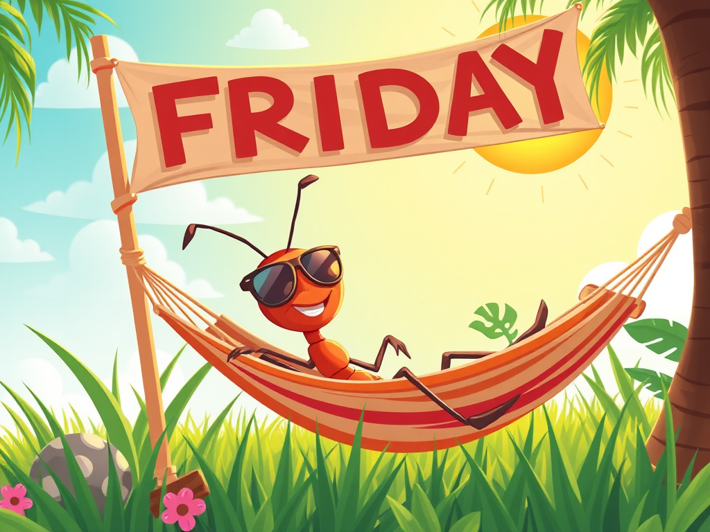 Create a vibrant illustration of a cartoon ant wearing sunglasses, relaxing in a hammock under a sunny sky with a "FRIDAY" sign, surrounded by green grass and tropical elements, shot with a Canon EOS R5, 50mm lens, f/1.8 aperture, 1/200 sec shutter speed, bright and colorful lighting for enhanced image quality.
