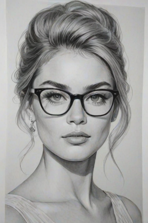 Exquisite Virginia Gardner, pencil sketch, portrait of Appealing woman 1963s in glasses, hair style beatnik, outline, clear lines, fine lines, 8k