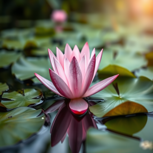 Close-up of a pink water lily surrounded by green lily pads on calm water, shallow depth of field, aperture f/2.8, ISO 100, focal length 85mm, DSLR camera, natural lighting, soft focus background.