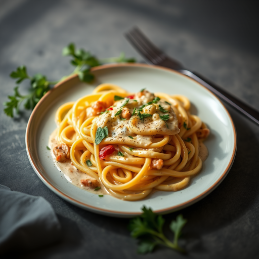 a beautifully plated dish of pasta with a creamy sauce, garnished with fresh herbs, soft natural lighting, shallow depth of field, shot with a DSLR camera at f/2.8, ISO 100, 50mm lens, top view, focus on the pasta with a blurred background