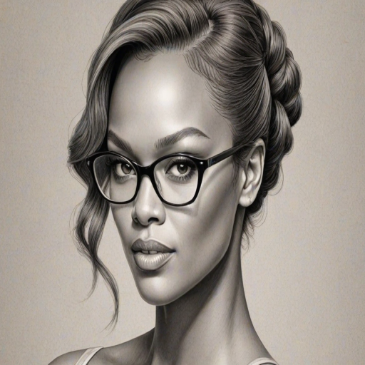 Lovely Tyra Banks, pencil sketch, portrait of Exquisite woman 1954s in glasses, hair style beatnik, outline, clear lines, fine lines, 8k