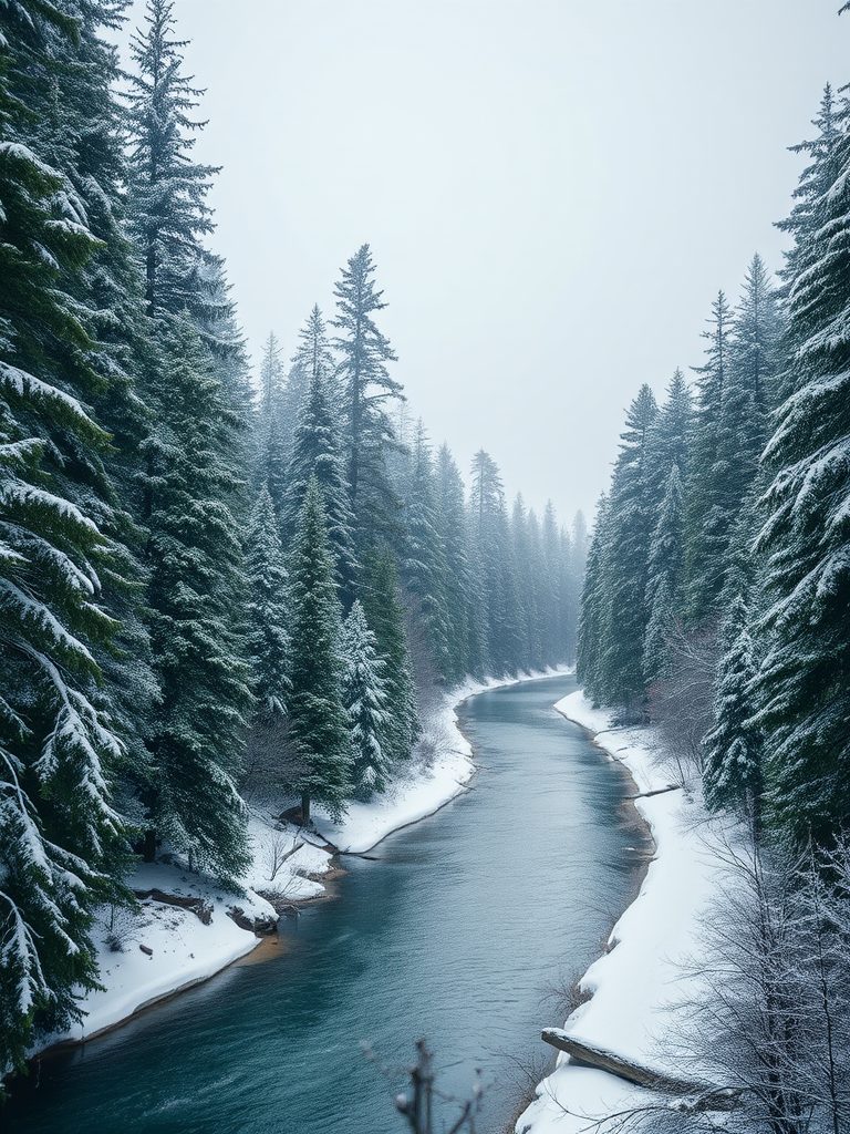Create a digital artwork of a winter landscape featuring a winding river surrounded by tall evergreen trees in a snowy setting, using a Canon EOS 5D Mark IV with a 24-70mm lens, f/8 aperture, ISO 100, 1/200s shutter speed, at an eye-level view with a soft, pastel color palette for a serene atmosphere.