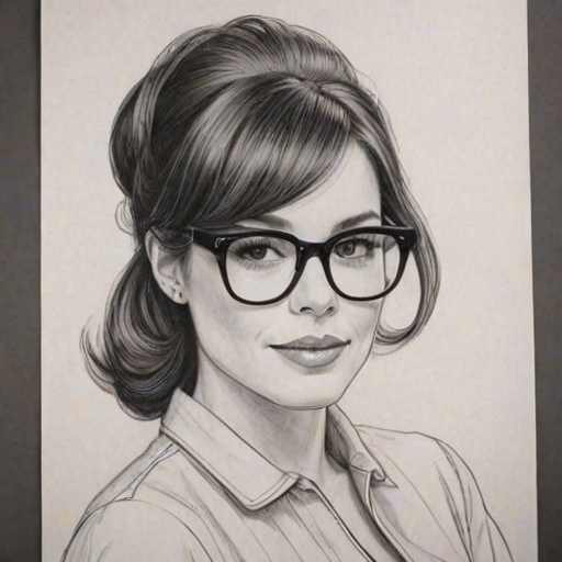 Elegant Parker Posey, pencil sketch, portrait of Attractive woman 1960s in glasses, hair style beatnik, outline, clear lines, fine lines, 8k