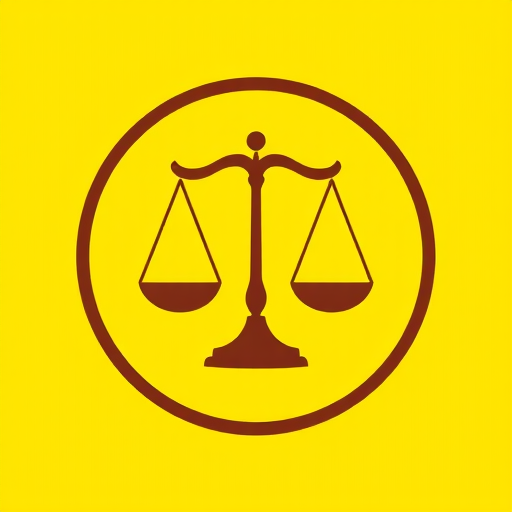 Create an image of a balanced scale symbol, with a yellow background and a brown circle border, using a DSLR camera at f/8 aperture, ISO 100, and a 50mm lens for sharp detail, taken from a straight-on angle to enhance clarity.