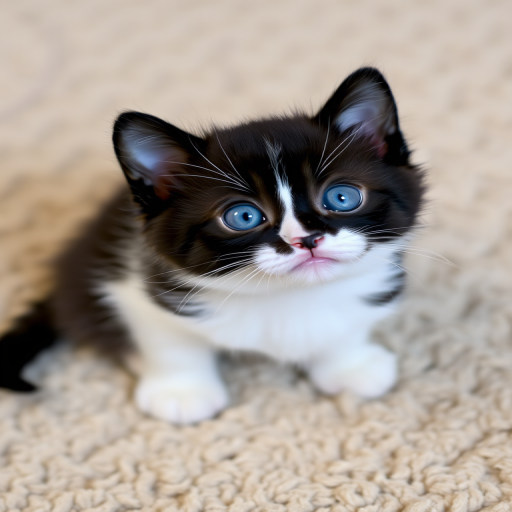 Generate an image of a small black and white kitten with bright blue eyes looking up curiously while sitting on a soft beige carpet. The background should be slightly blurred to emphasize the kitten.