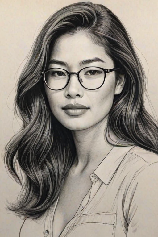 Pleasing Jessica Gomes, pencil sketch, portrait of Splendid woman 1942s in glasses, hair style beatnik, outline, clear lines, fine lines, 8k
