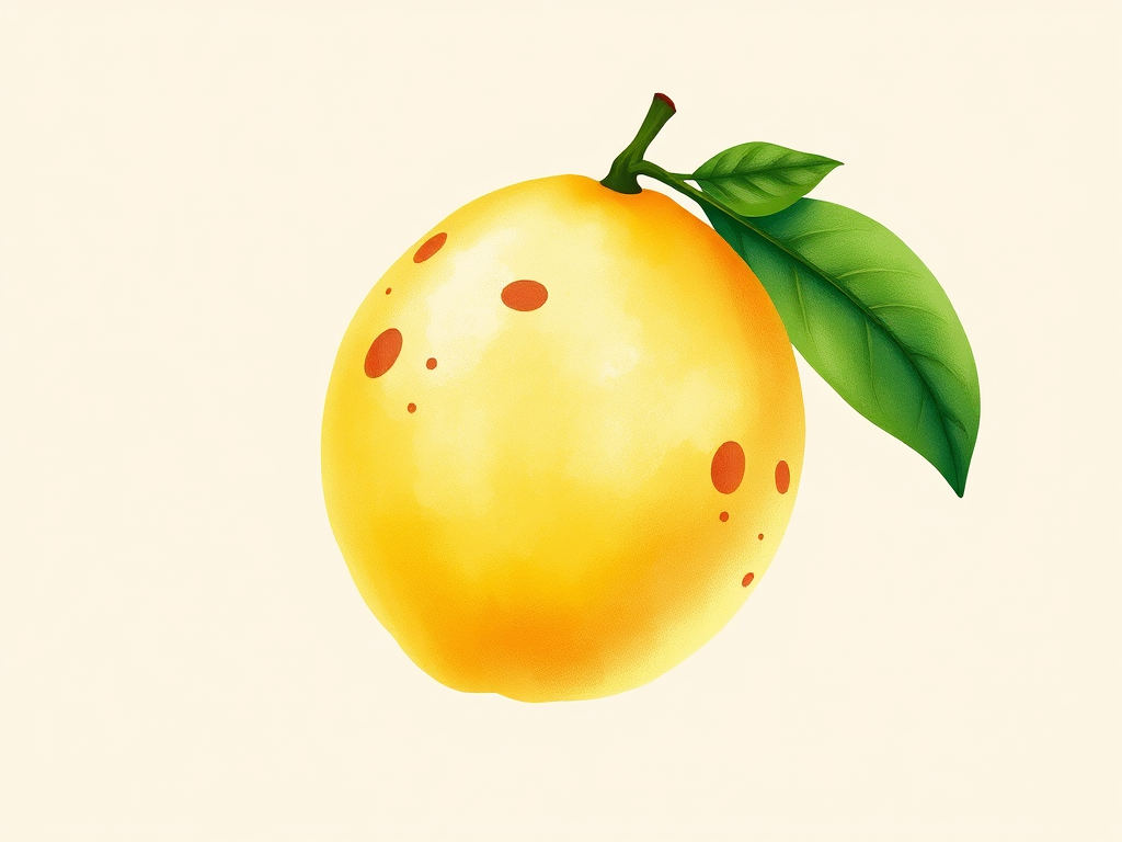 Generate an illustration of a lemon with a textured, watercolor style, featuring brown spots and green leaves, on a soft beige background, captured with a Canon EOS R5 at f/4, 50mm, in natural light, focusing on vibrant colors and smooth gradients.