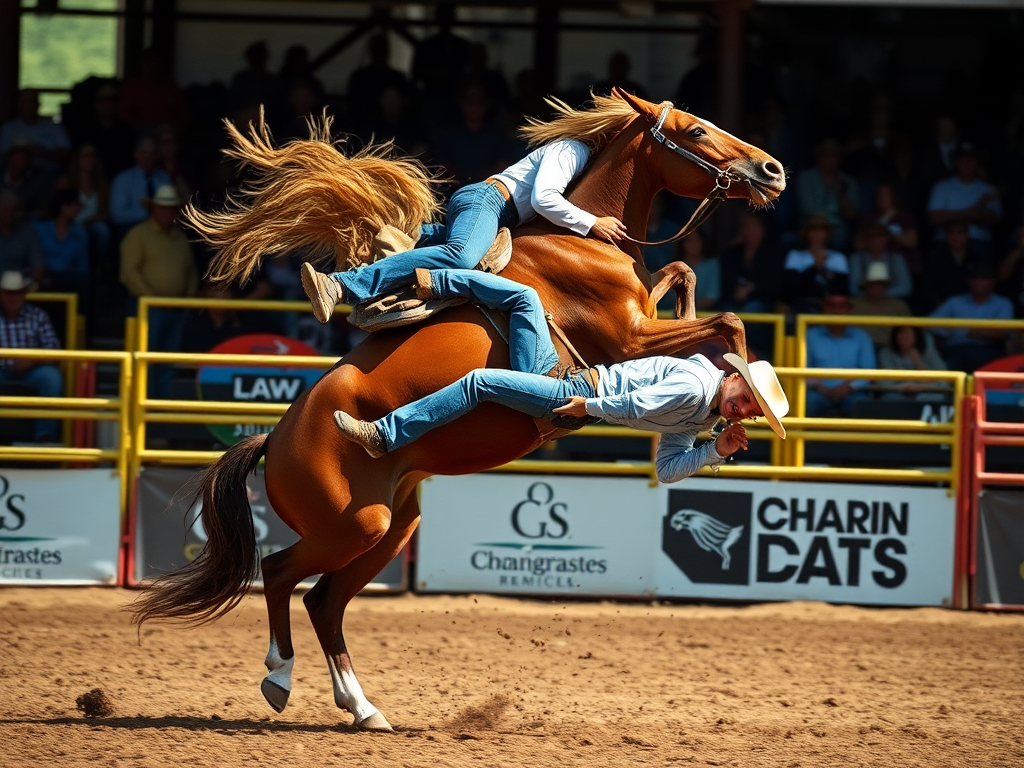 capture a dynamic rodeo scene of a bucking horse with a rider falling off in mid-action, use a high-speed shutter of 1/1000s, aperture at f/4 for depth, ISO 200 for clear details, shot from a low angle to emphasize motion, DSLR camera style for sharpness, and natural lighting for rich colors