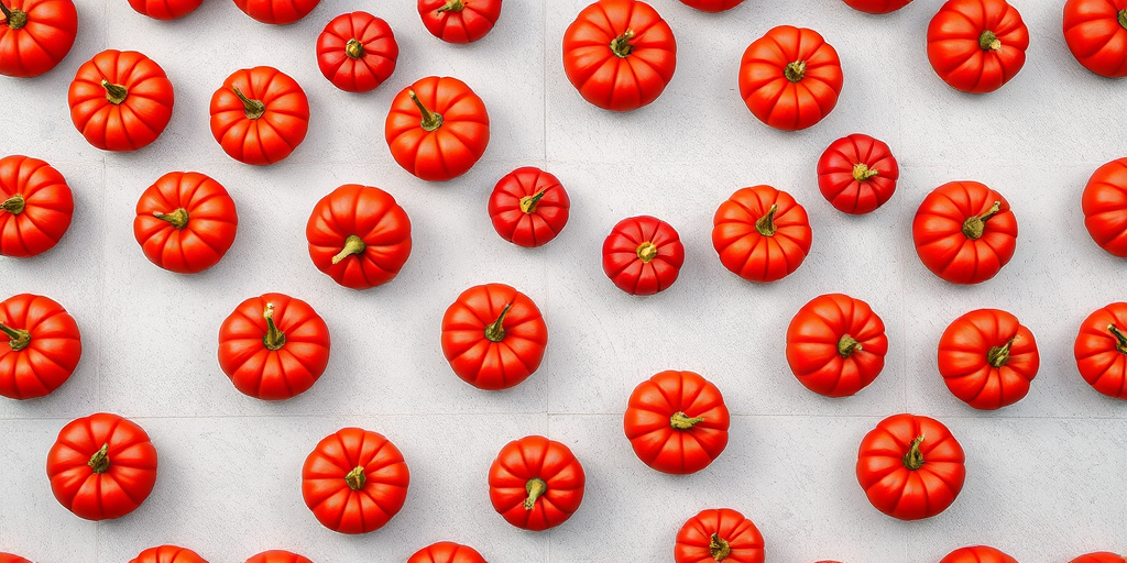 Create a seamless pattern of vibrant red pumpkins scattered on a textured light gray background, using a macro lens with a shallow depth of field, aperture f/2.8, ISO 100, and a DSLR camera for high-quality detail.