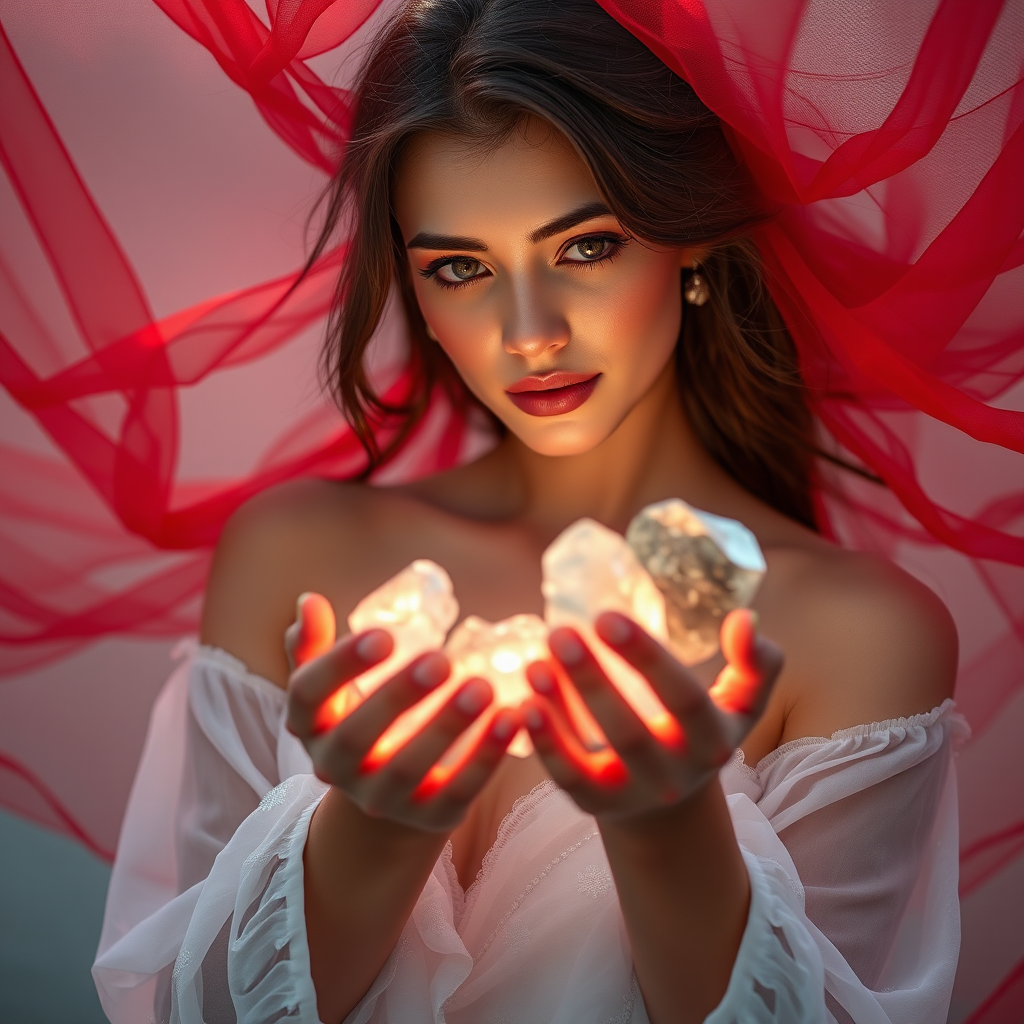 A stunning ethereal woman with flowing red fabric floating around her, gracefully holding glowing crystals in her hands, soft focus, 85mm lens, f/1.8 aperture, ISO 200, natural lighting, portrait orientation, high dynamic range imaging, shallow depth of field.