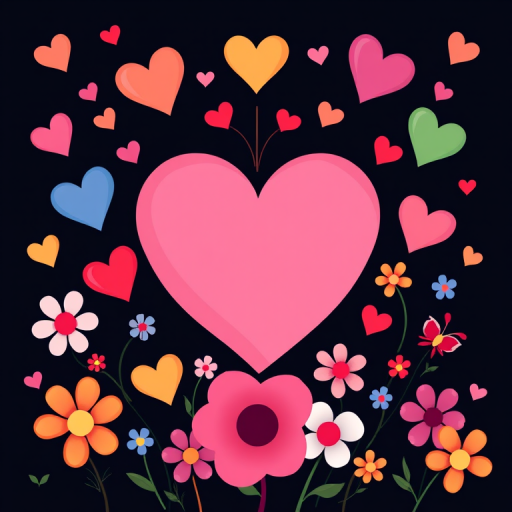Create an illustration of a large heart in the center surrounded by smaller colorful hearts and flowers in various shades, use vibrant colors on a dark background, shot with a DSLR camera at f/4, 50mm lens, ISO 100, aperture priority mode, and a vibrant color profile.