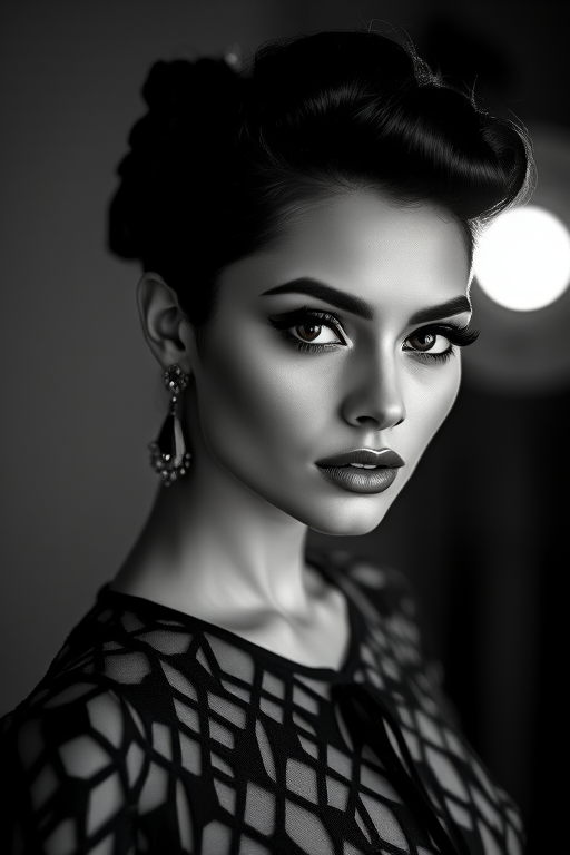 portrait of a model with glamorous makeup and vintage hairstyle, dramatic black and white lighting, intricate geometric outfit, shallow depth of field, 85mm lens, f/1.8 aperture, ISO 100, soft focus background, studio lighting, high contrast monochrome style