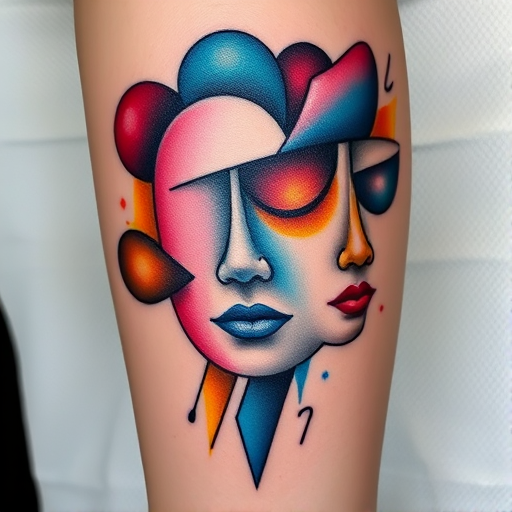 Avant-garde tattoo named "Abstract Emotions" using unconventional color combinations and fluid shapes to represent different human emotions in a non-figurative way