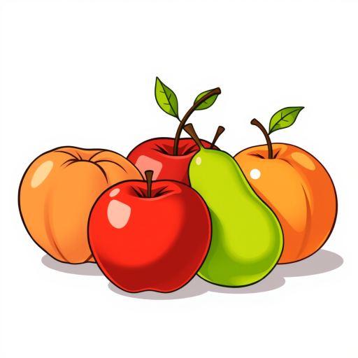 Generate a high-resolution illustration of four stylized fruits: a peach, a red apple, a green pear, and an orange peach arranged artfully on a white background, using a digital drawing style and bright colors, with a 50mm lens, f/8 aperture, and a clean depth of field to enhance clarity and vibrancy.