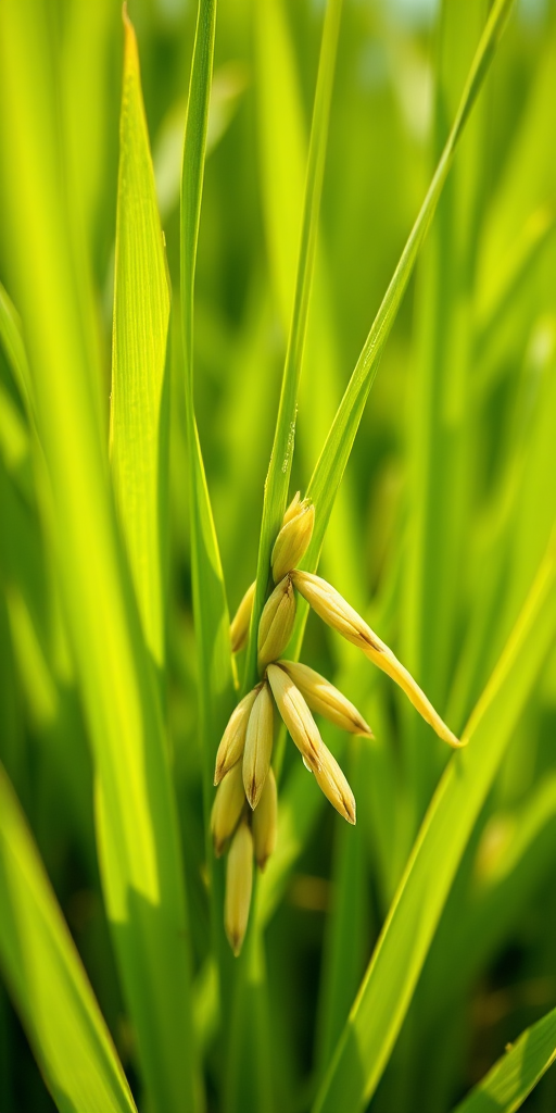 Capture a close-up of a vibrant green rice plant with focus on the grains, using a DSLR camera with a 50mm lens, aperture f/2.8, ISO 100, natural lighting, and a shallow depth of field to create a soft background blur.