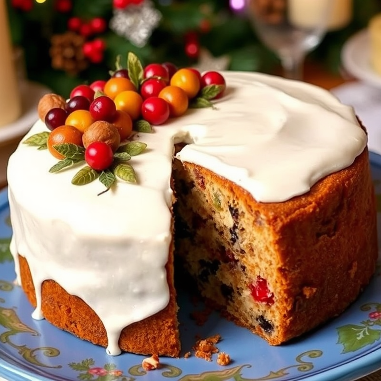 A beautifully decorated round cake with a smooth white icing on a blue plate, a slice cut out revealing a rich fruit cake with nuts and colorful dried fruits, displayed on a decorative plate, in a festive setting with hints of holiday decorations in the background.