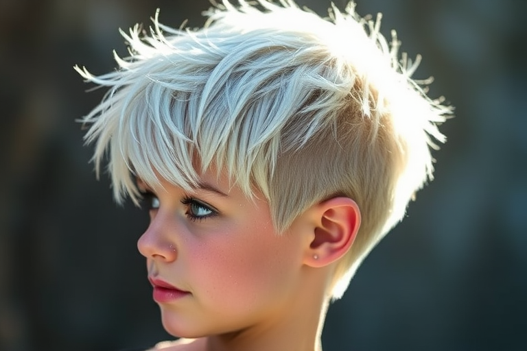 Icy blonde pixie cut with platinum highlights and a textured, spiky crown, accented by a dusting of iridescent glitter for a magical "Frost Sprite" look